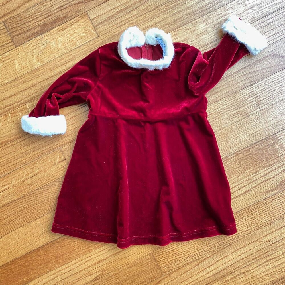 Cottontail Originals Baby Girl 12m Red Velvet Santa Dress White Fuzzy Trim Xmas